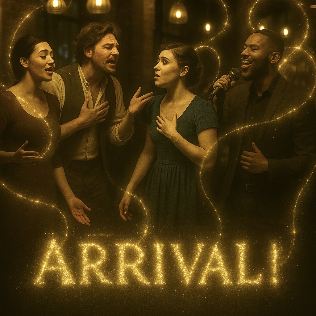 Four performers sing, act and read poetry in a bar, surrounded by sparkling light effects and the word 'ARRIVAL!' in golden letters.